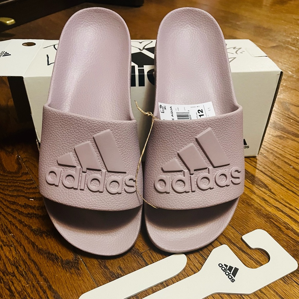 Adidas Slides-never worn! NWT! Men’s size 11/12- gray/light purple neutral color
